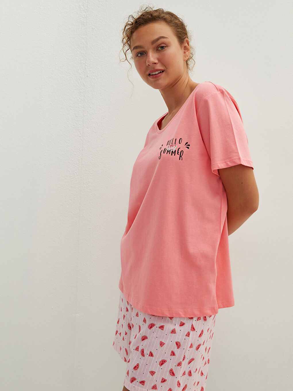 Crew Neck Printed Short Sleeve Cotton Short Pajamas Set-3
