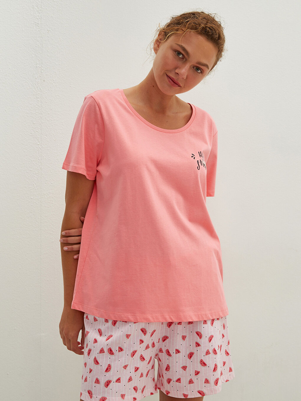 Crew Neck Printed Short Sleeve Cotton Short Pajamas Set-5