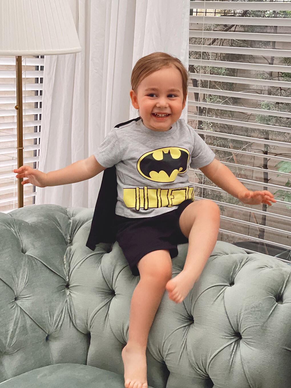 Gri Bisiklet Yaka Kısa Kollu Batman Baskılı Erkek Bebek Kostüm-2