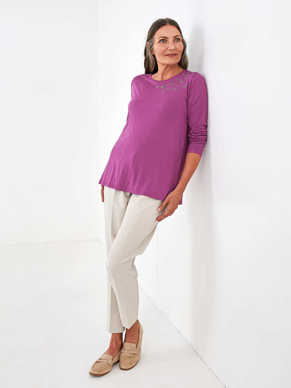 LC Waikiki Crew Neck Stone Printed Long Sleeve Viscose Women's Blouse -S1KT91Z8-KYX