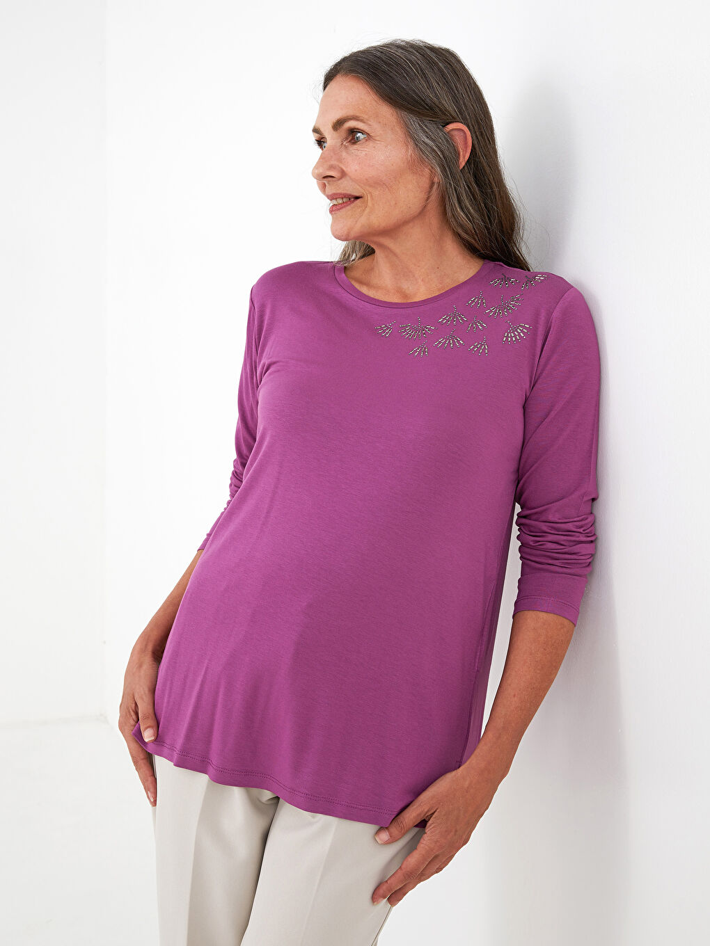LC Waikiki Crew Neck Stone Printed Long Sleeve Viscose Women's Blouse -S1KT91Z8-KYX