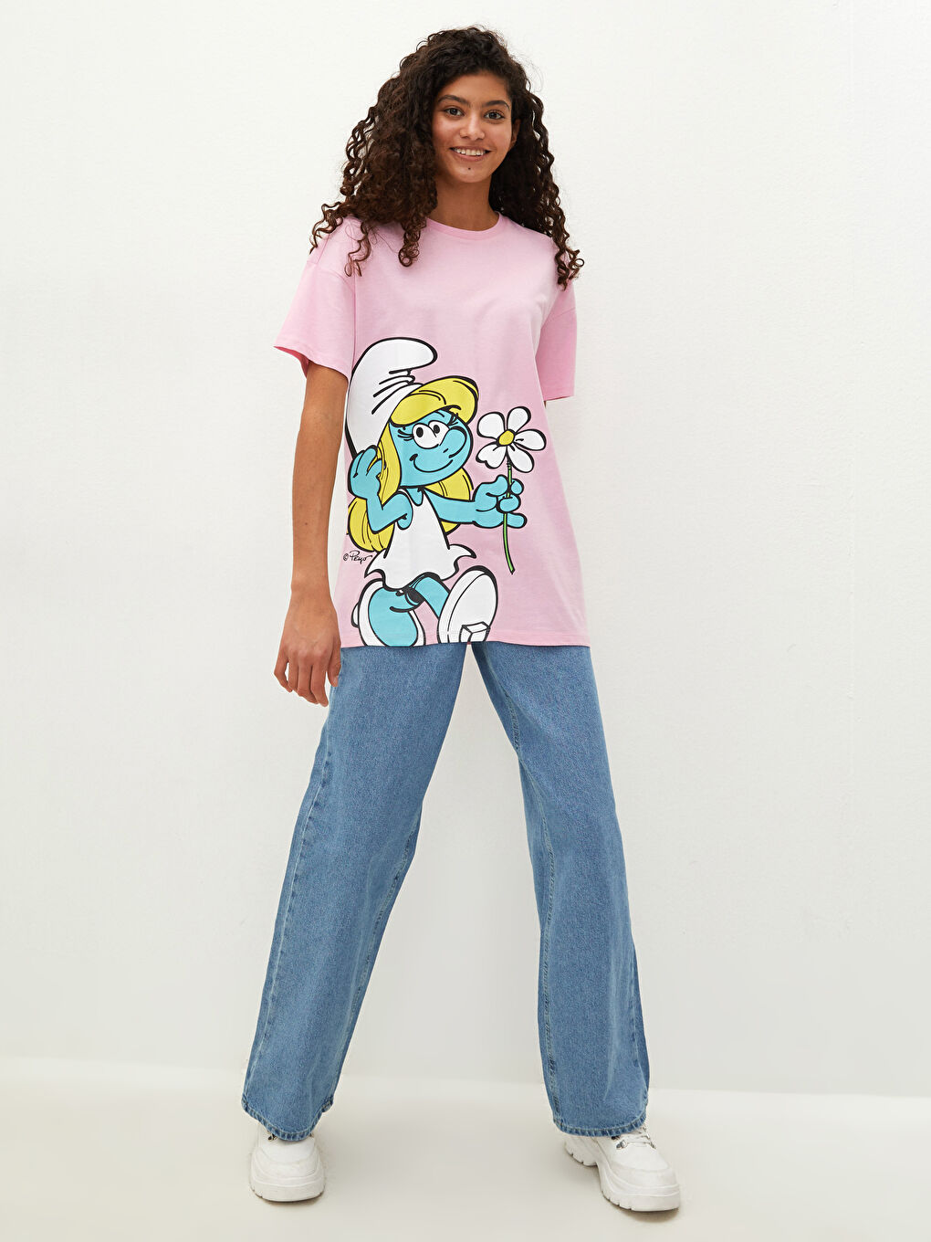 Футболка с круглым вырезом, с принтом Смурфики, с коротким рукавом, хлопковая, для женщин, комбинация мать-дочь-2