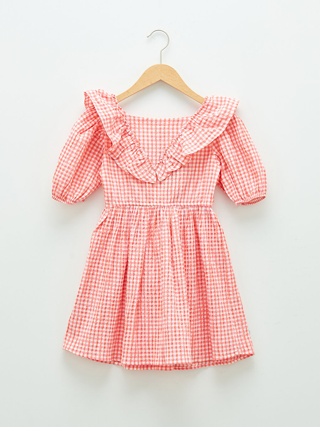 Robe Fille à Carreaux à Col Carré et Manches Courtes