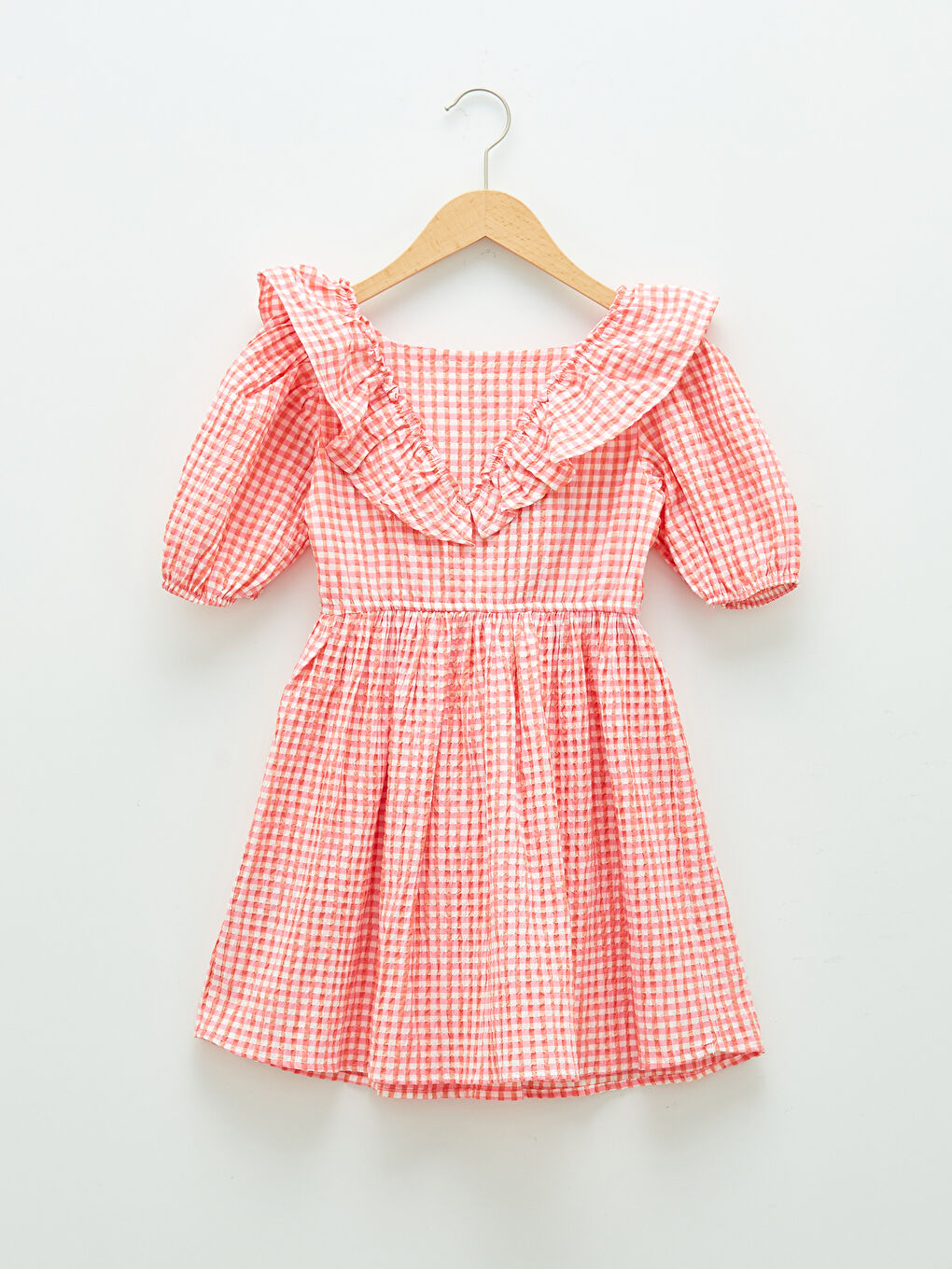 Robe Fille à Carreaux à Col Carré et Manches Courtes-1