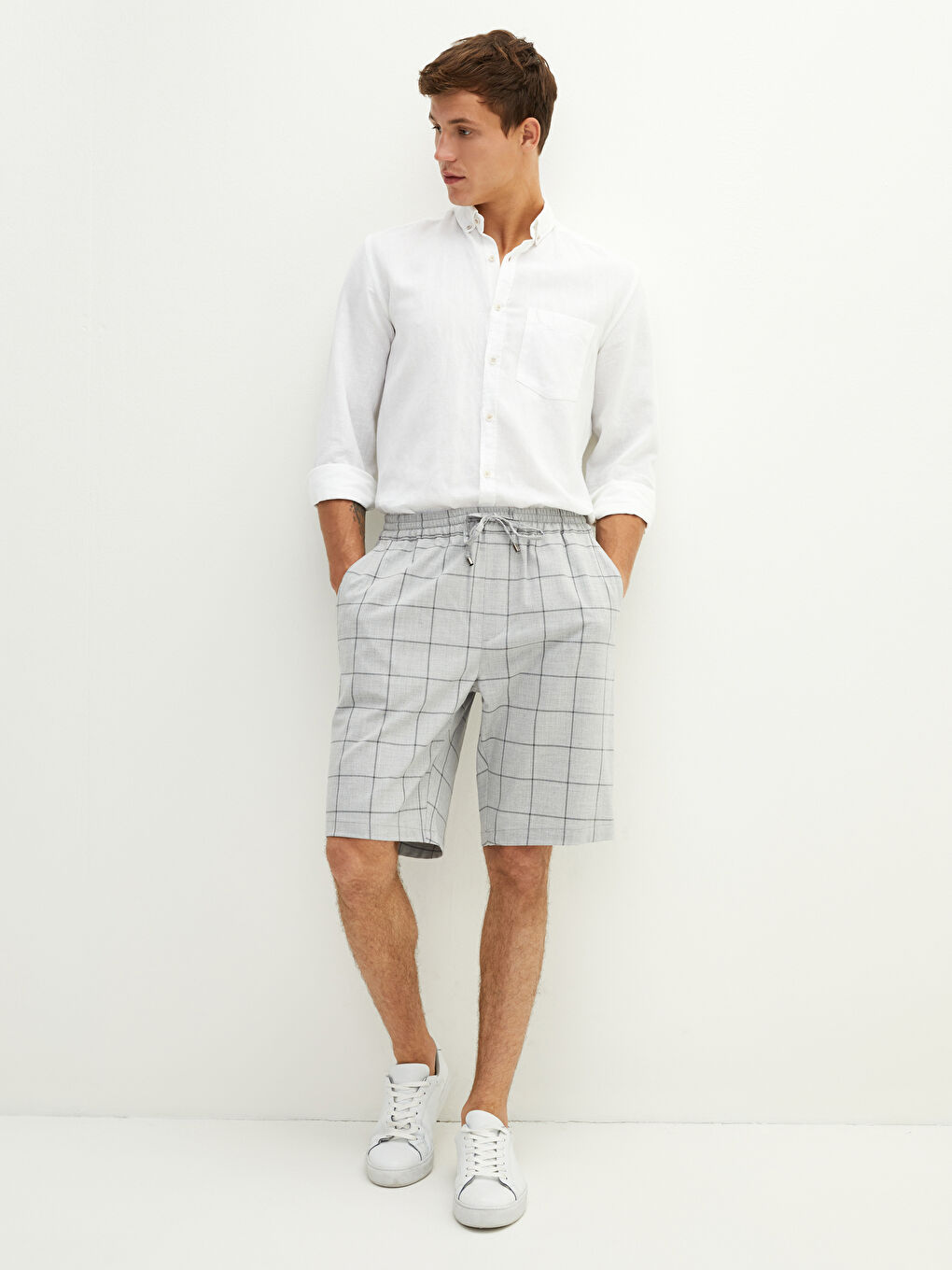 Gri Standart Kalıp Ekose Erkek Şort-2