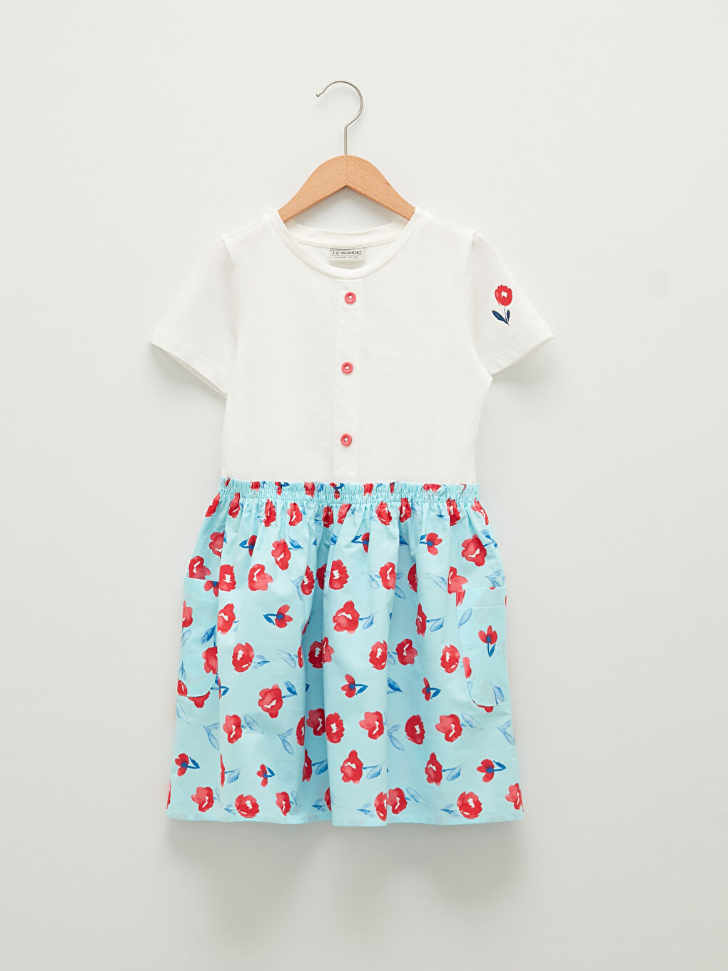 Ekru Bisiklet Yaka Baskılı Kısa Kollu Pamuklu Kız Çocuk Elbise