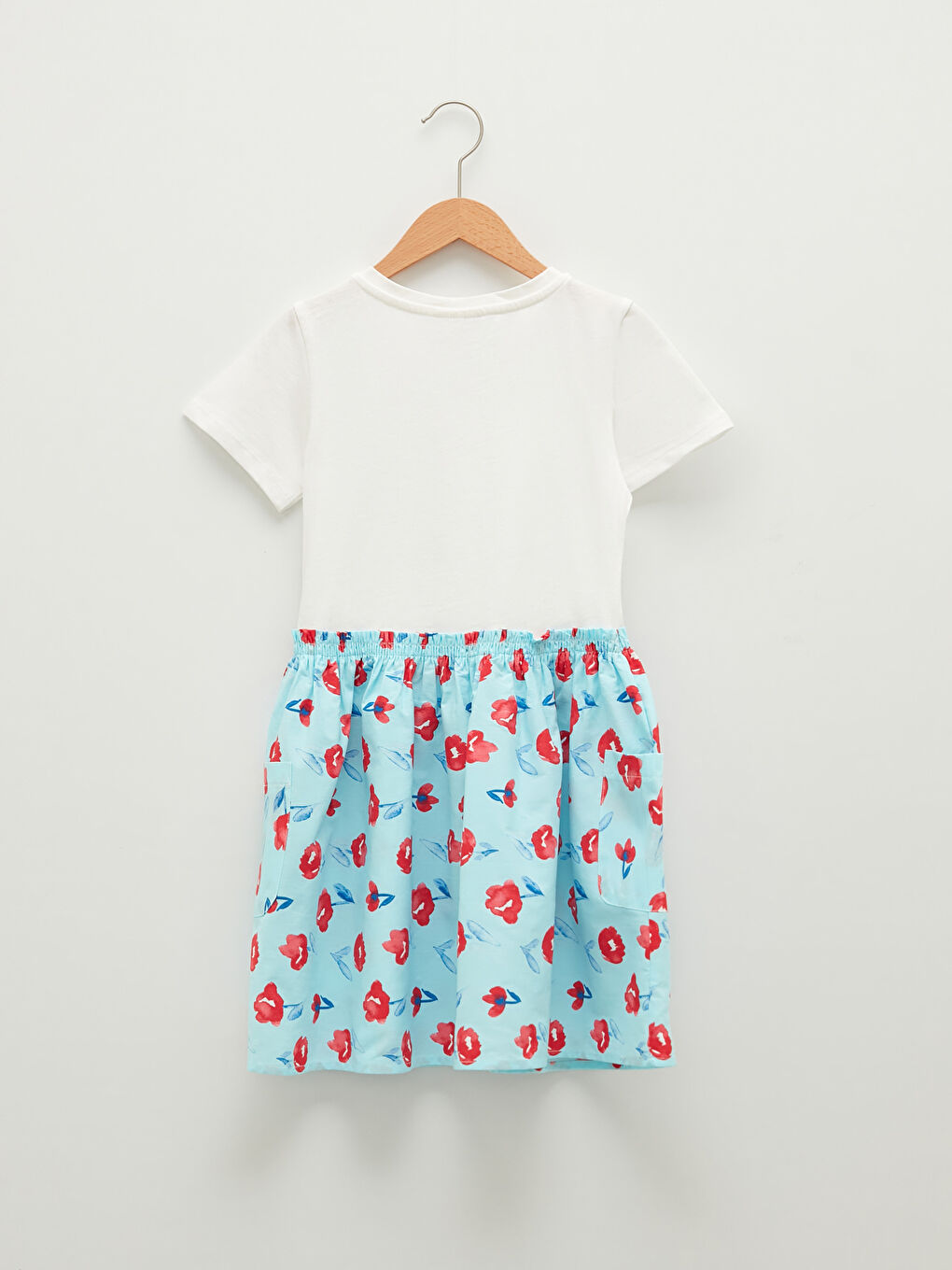 Ekru Bisiklet Yaka Baskılı Kısa Kollu Pamuklu Kız Çocuk Elbise-1