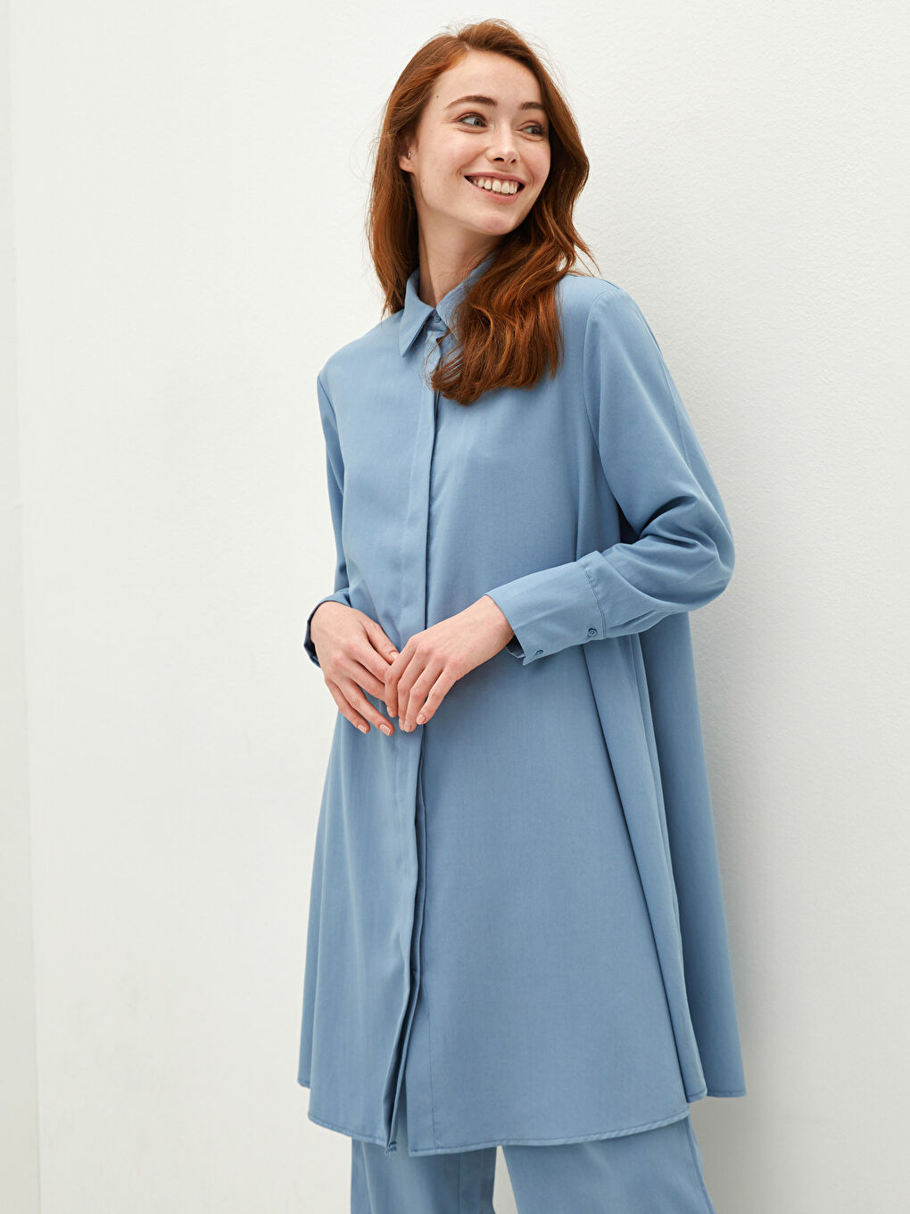 Mavi Kadın Gömlek Yaka Düz Tunik