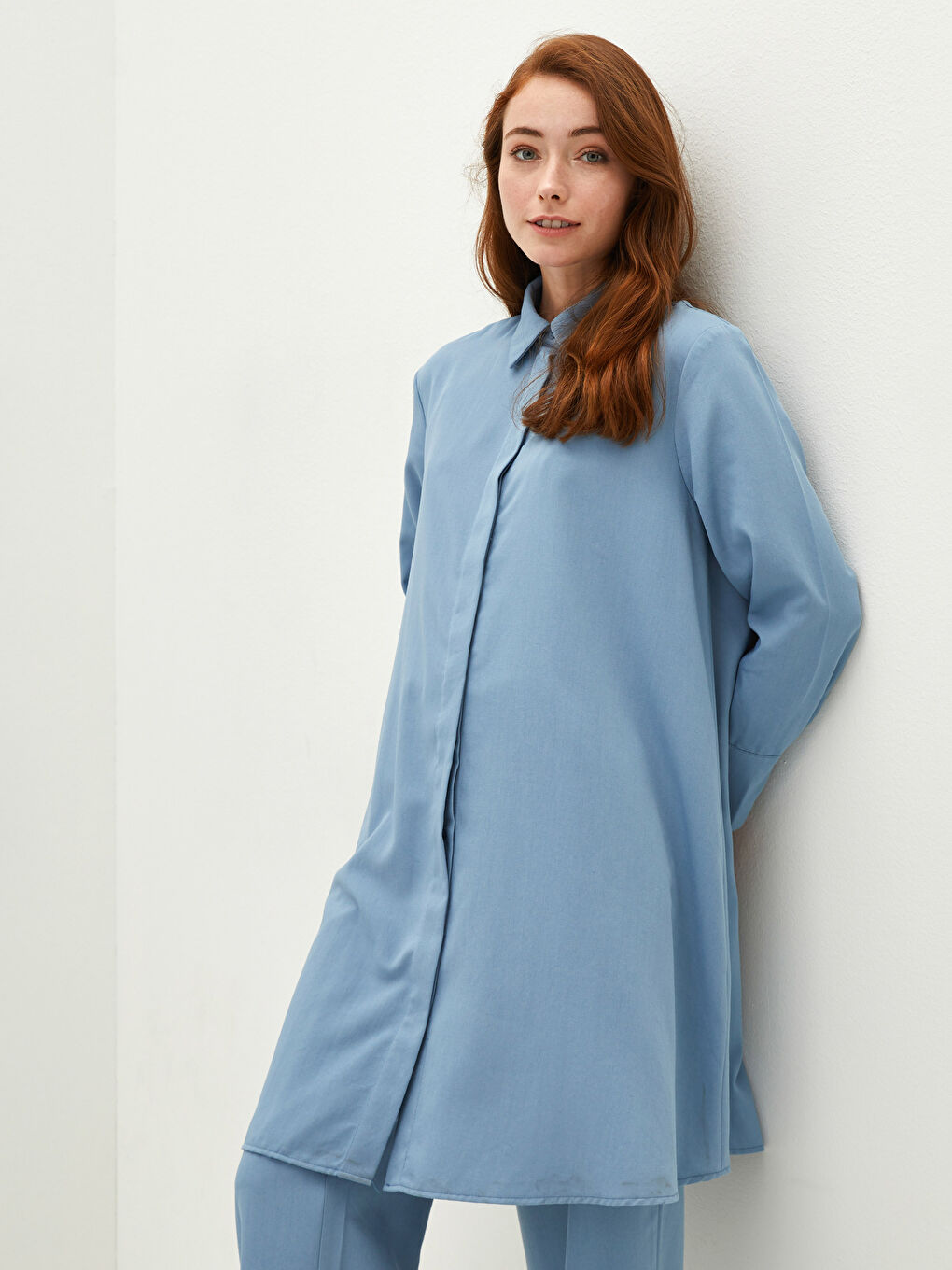 Mavi Kadın Gömlek Yaka Düz Tunik-1