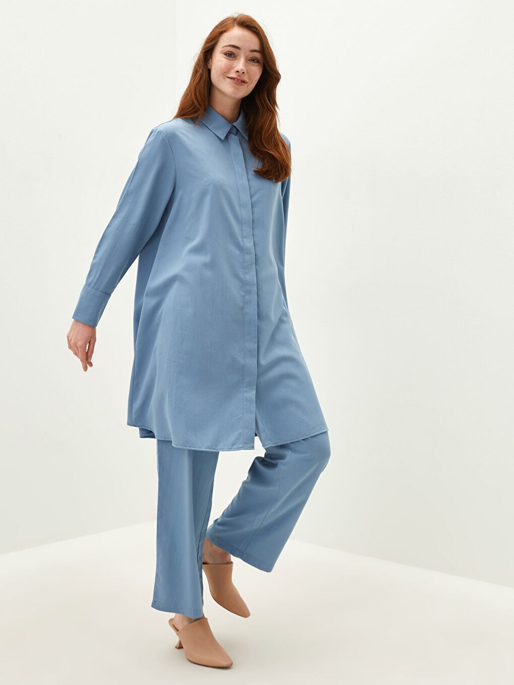 Mavi Kadın Gömlek Yaka Düz Tunik-2