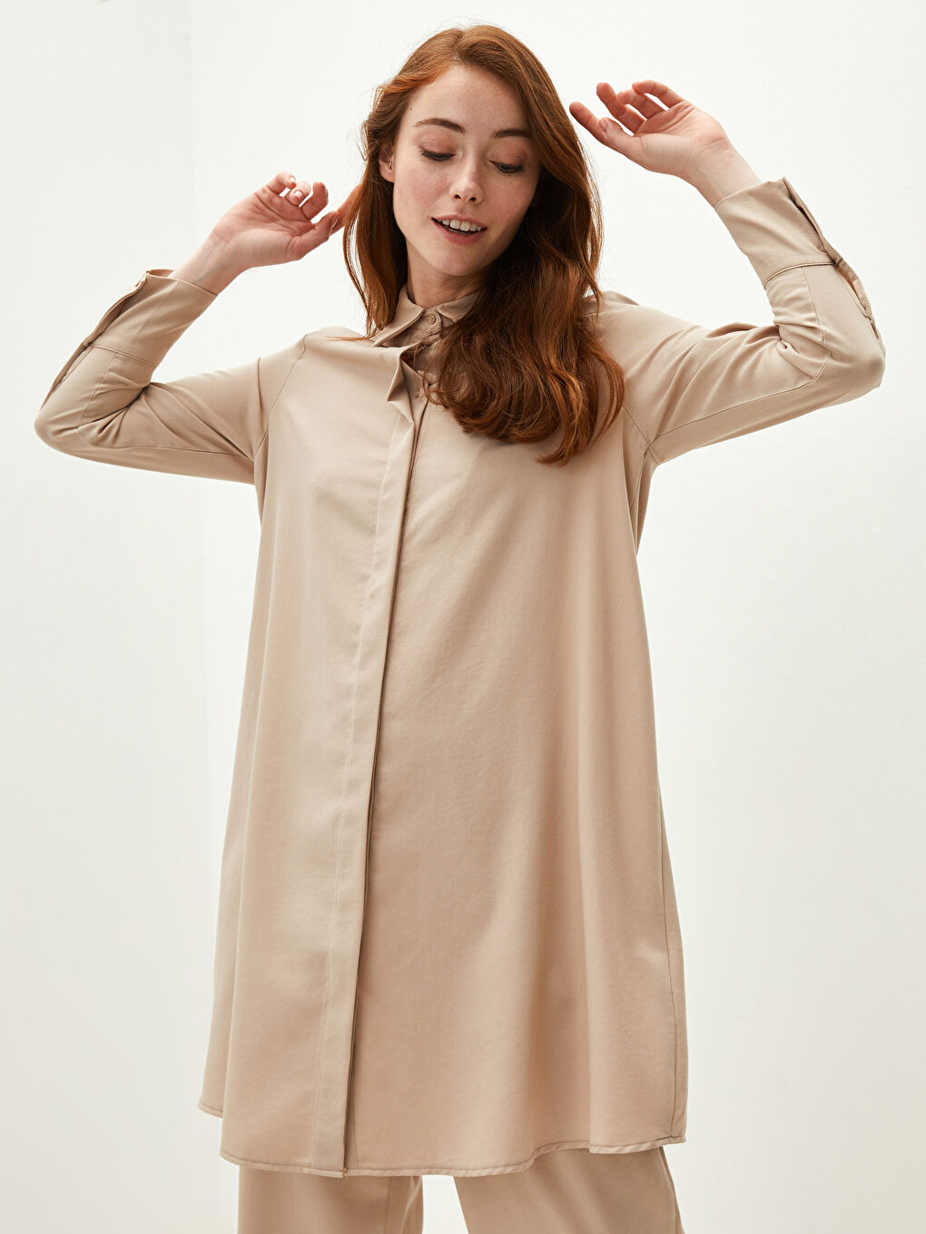 Bej Kadın Gömlek Yaka Düz Tunik