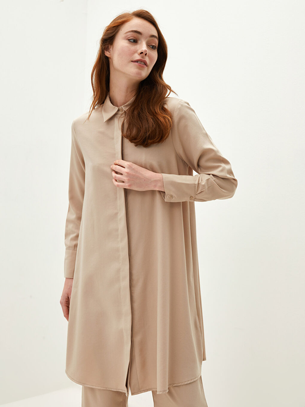 Bej Kadın Gömlek Yaka Düz Tunik-1