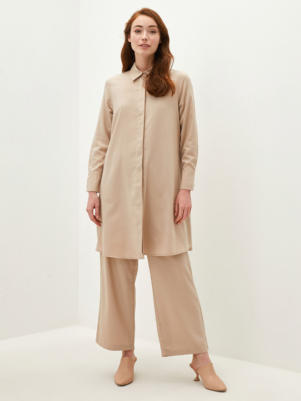 Bej Kadın Gömlek Yaka Düz Tunik-2