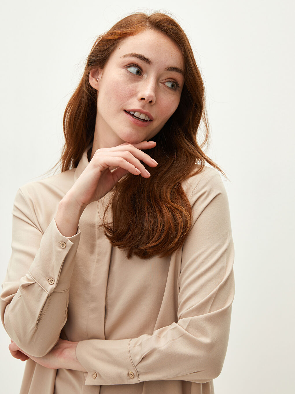 Bej Kadın Gömlek Yaka Düz Tunik-3