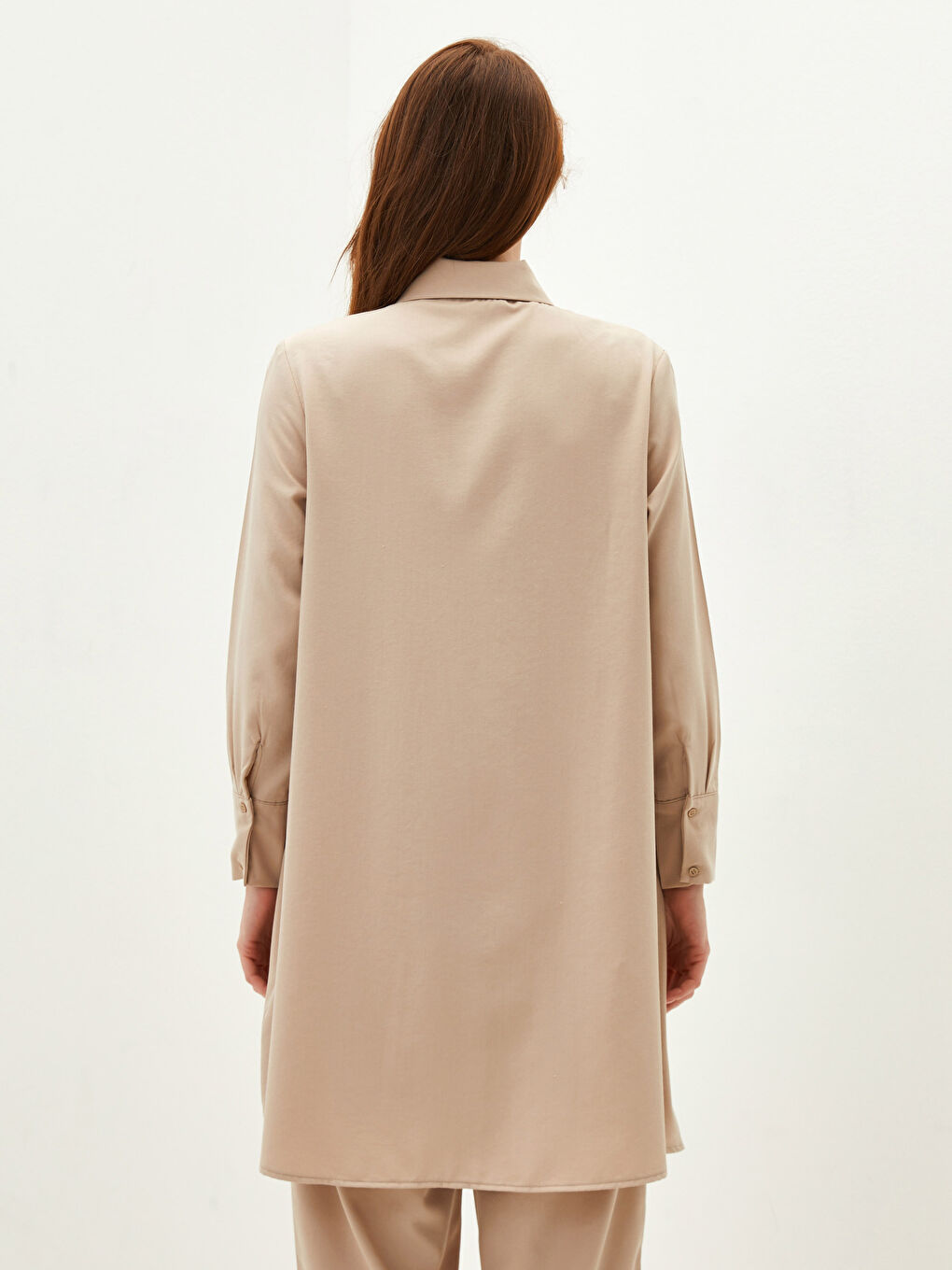 Bej Kadın Gömlek Yaka Düz Tunik-4