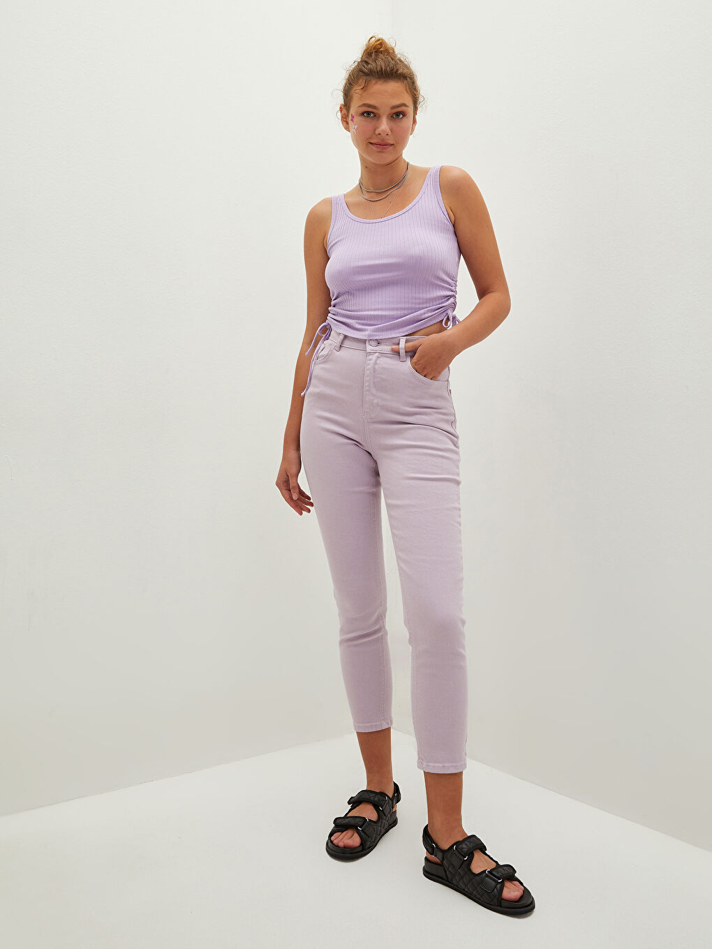 Lila Yüksek Bel Slim Fit Cep Detaylı Kadın Jean Pantolon-2