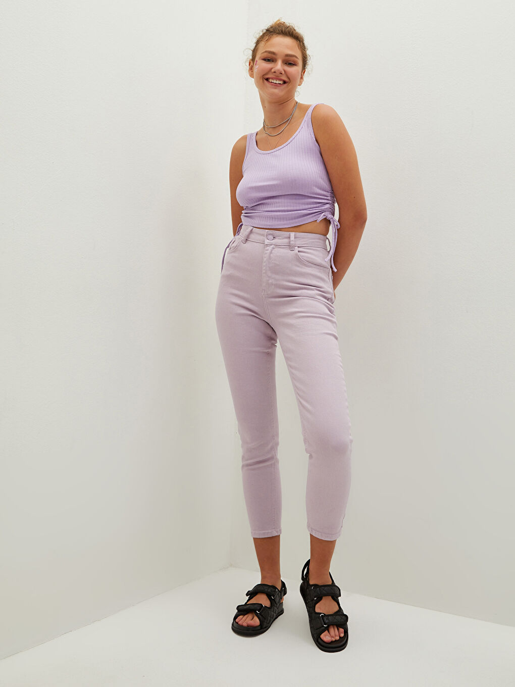 Lila Yüksek Bel Slim Fit Cep Detaylı Kadın Jean Pantolon-3