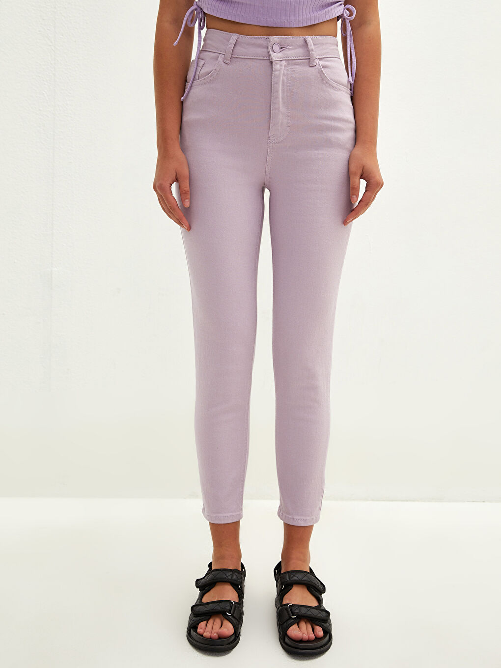 Lila Yüksek Bel Slim Fit Cep Detaylı Kadın Jean Pantolon-4