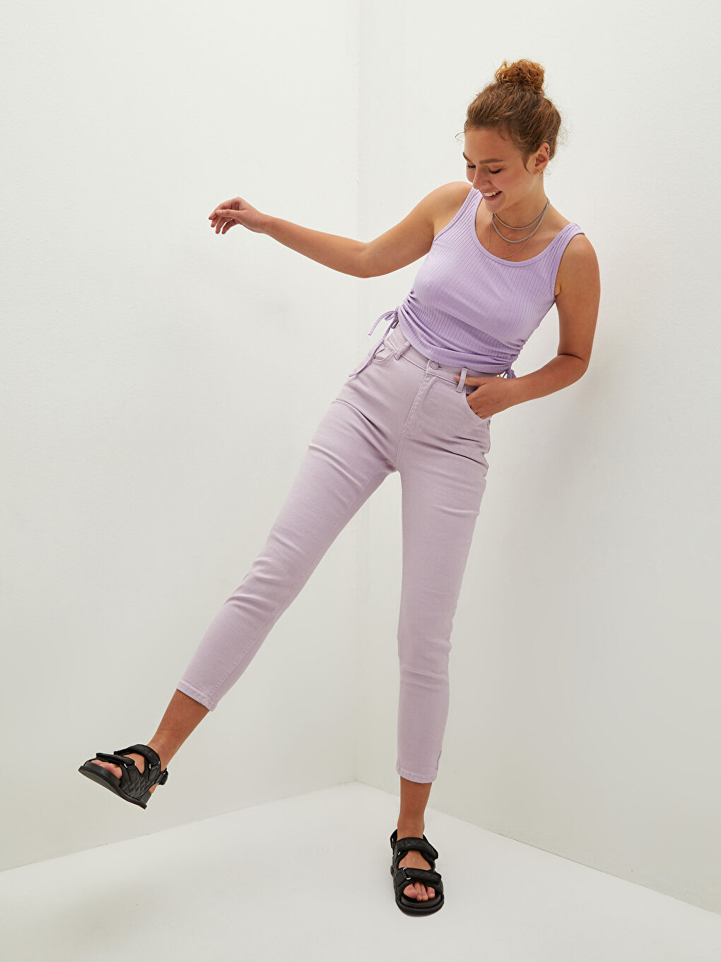 Lila Yüksek Bel Slim Fit Cep Detaylı Kadın Jean Pantolon