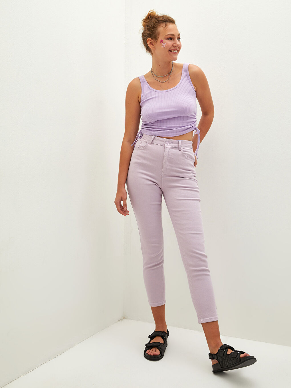 Lila Yüksek Bel Slim Fit Cep Detaylı Kadın Jean Pantolon-1