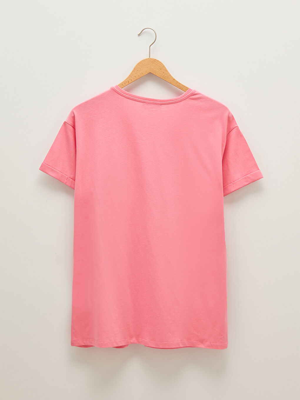 Pembe Bisiklet Yaka Düz Cep Detaylı Kısa Kollu Pamuklu Kadın Tişört-13
