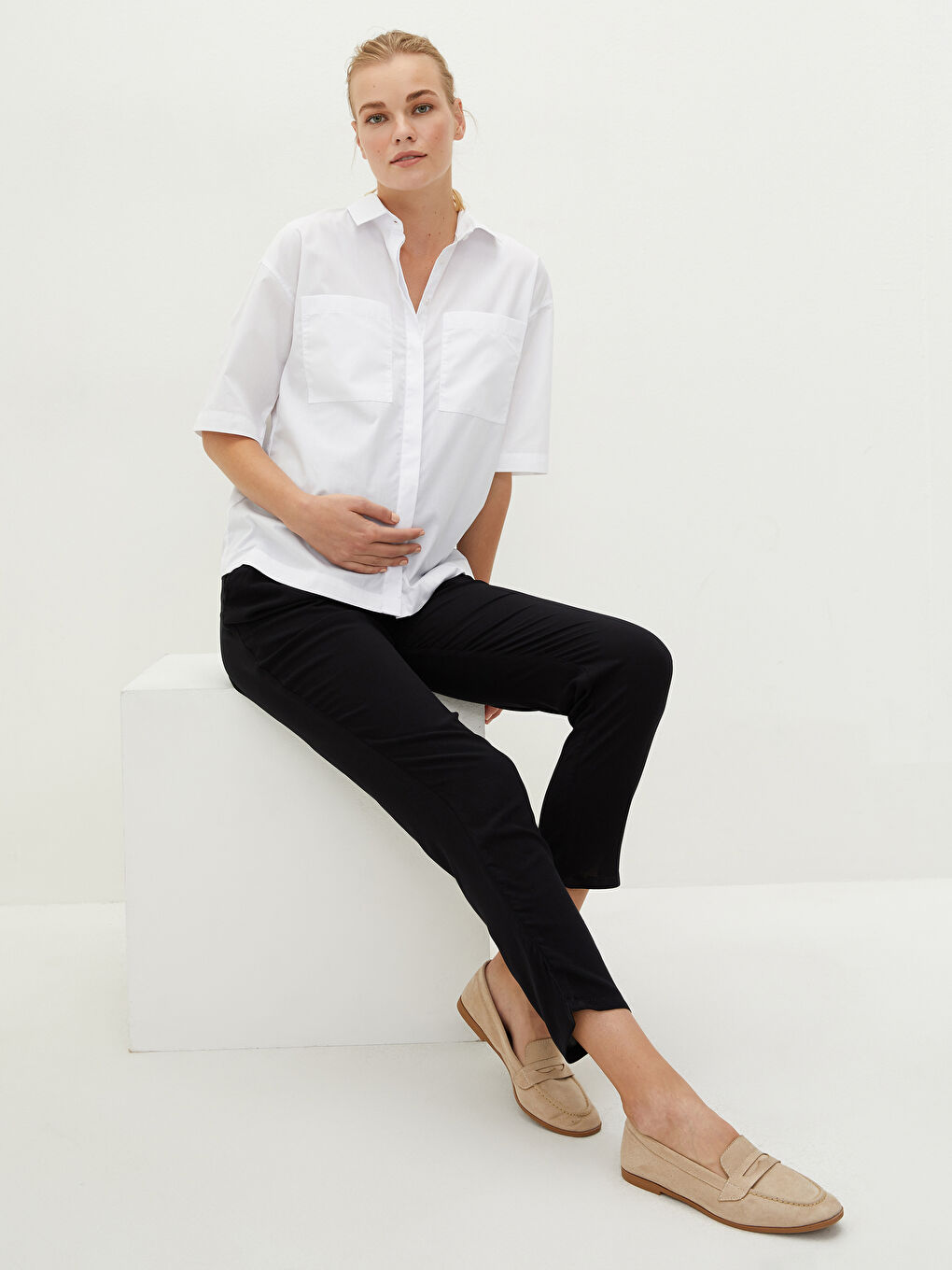 Siyah Karın Panelli Düz Cep Detaylı Viskon Hamile Pantolon