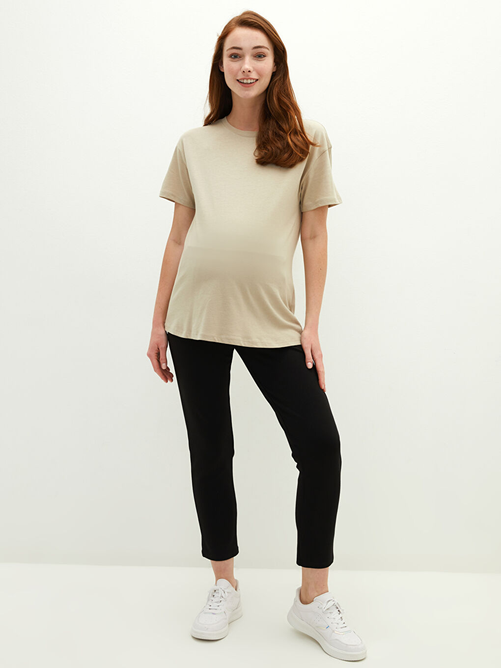 Gri Bisiklet Yaka Düz Kısa Kollu Hamile Tişört-6