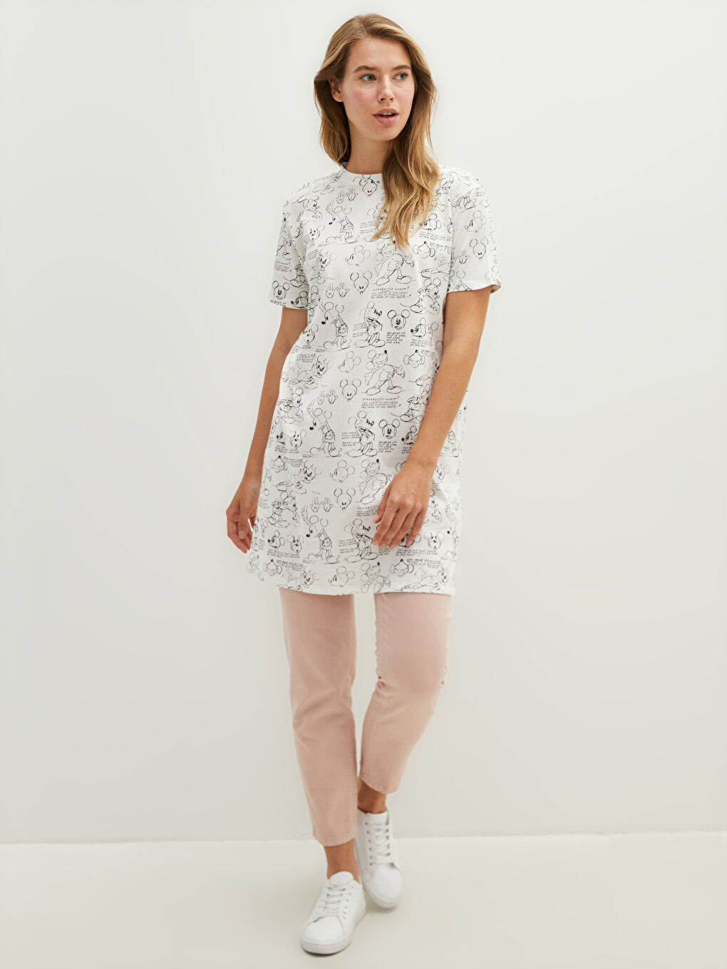 Crew Neck Mickey Mouse Printed Short Sleeve Cotton Women's Tunic-1