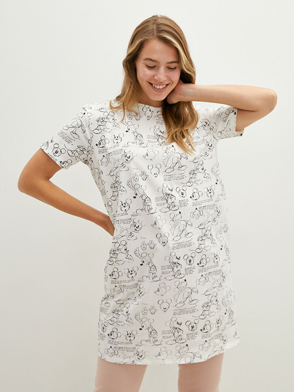 Crew Neck Mickey Mouse Printed Short Sleeve Cotton Women's Tunic-2