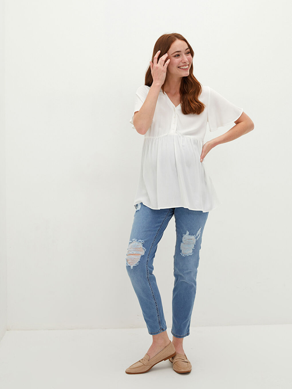 بلوزة حوامل ياقة على شكل حرف V سادة بأزرار أمامية كم قصير فيسكوز-4