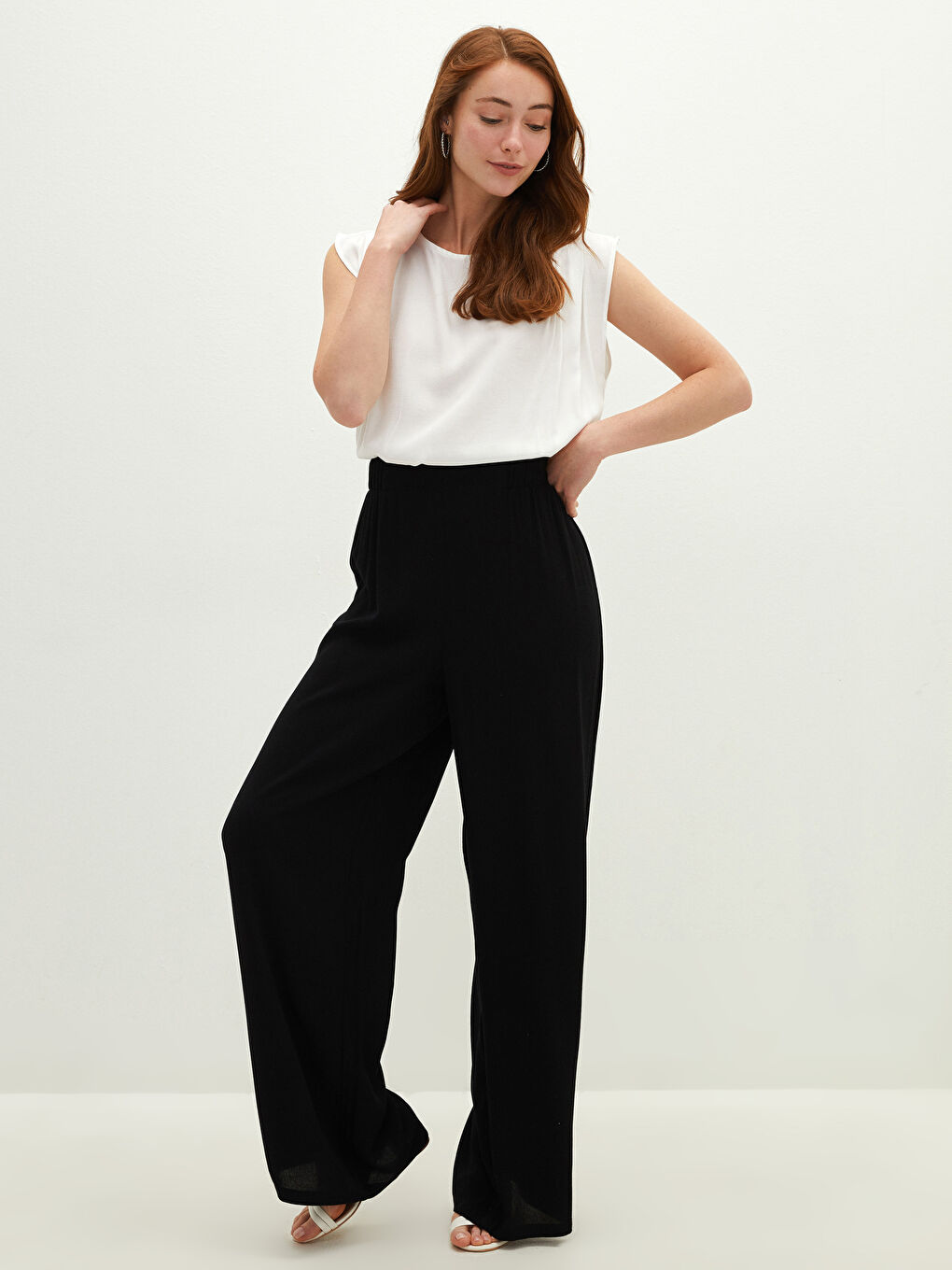 Pantalon Viscose Pour Femmes Jambe Large Droite Taille Haute-1