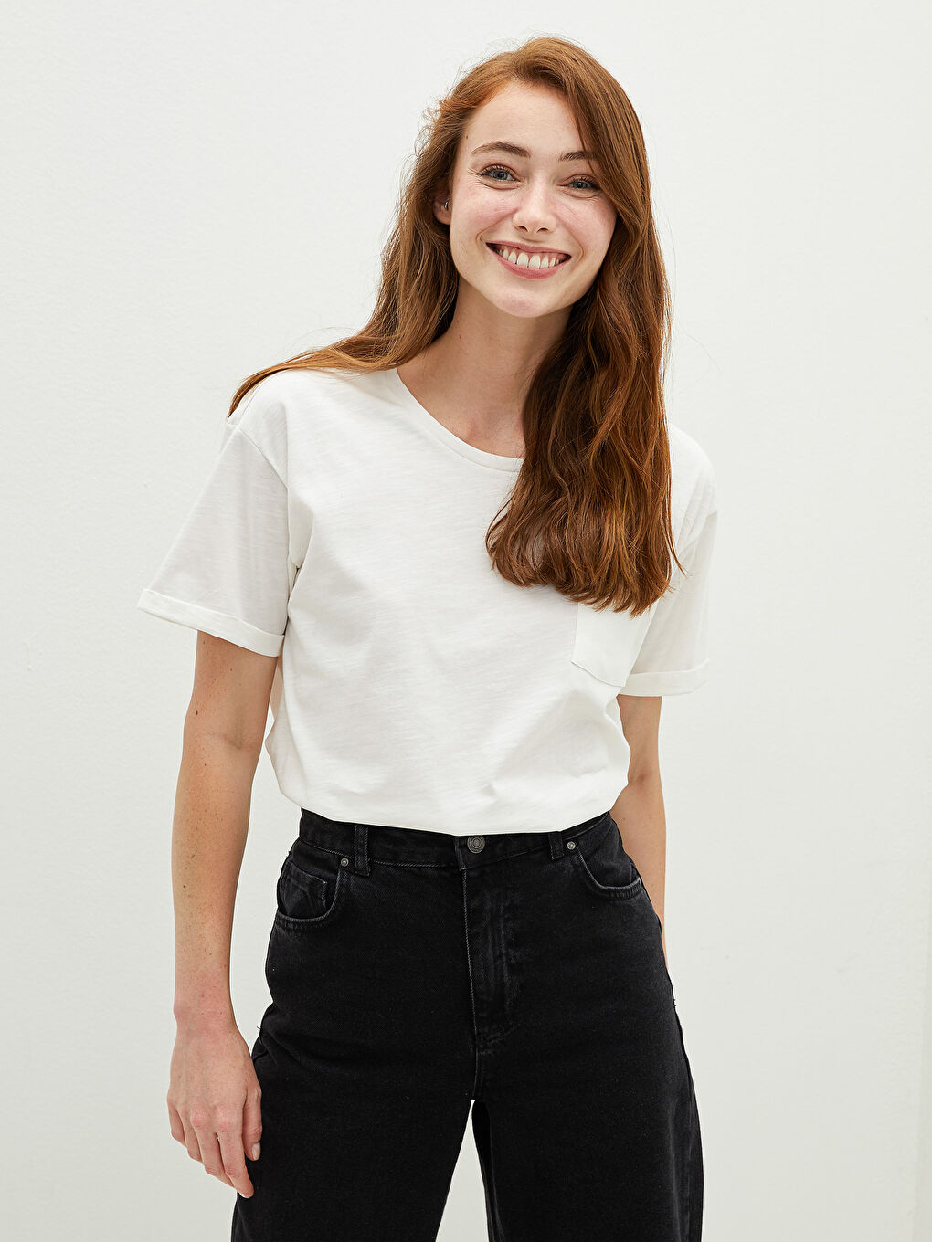 Crew Neck Plain Pocket Detailed Cotton Women's T-Shirt