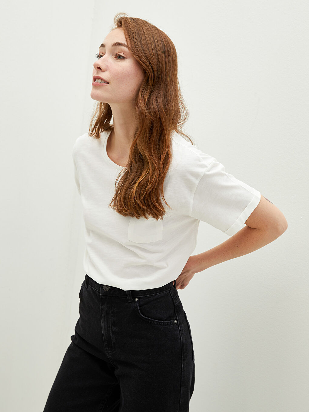 Crew Neck Plain Pocket Detailed Cotton Women's T-Shirt-1