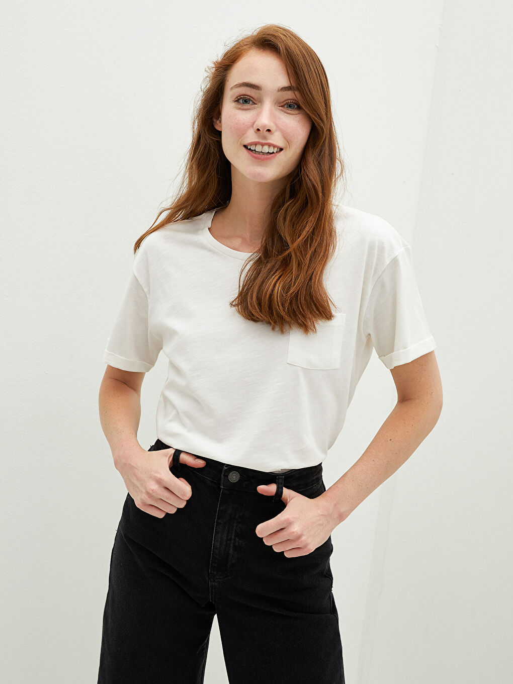 Crew Neck Plain Pocket Detailed Cotton Women's T-Shirt-2