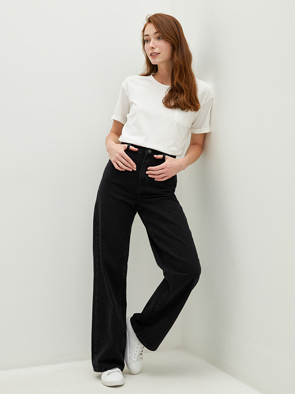 Crew Neck Plain Pocket Detailed Cotton Women's T-Shirt-3