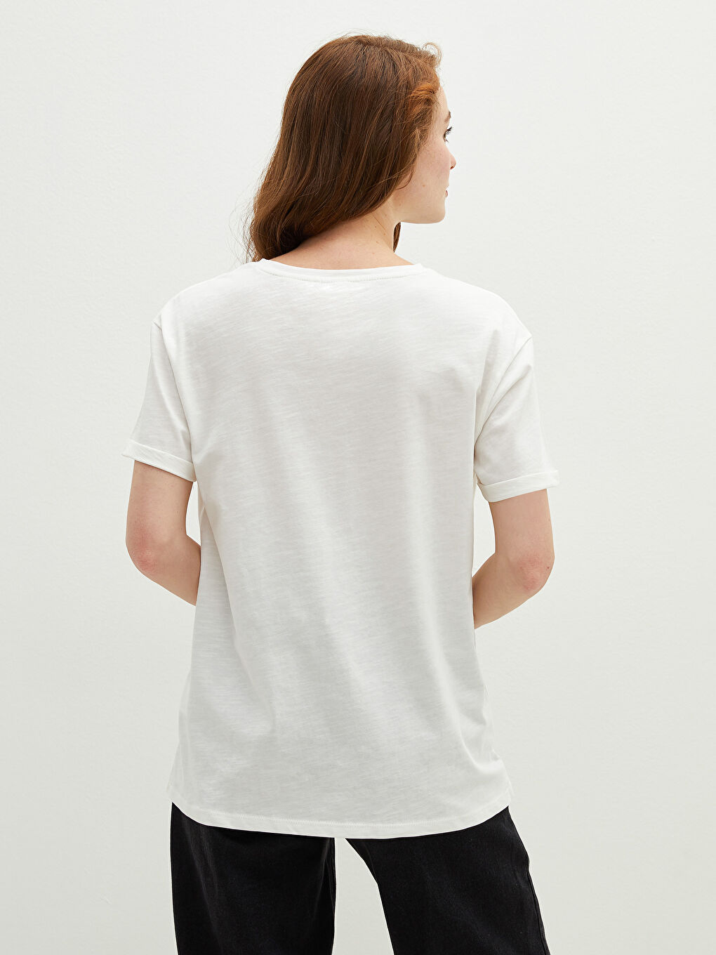 Crew Neck Plain Pocket Detailed Cotton Women's T-Shirt-4
