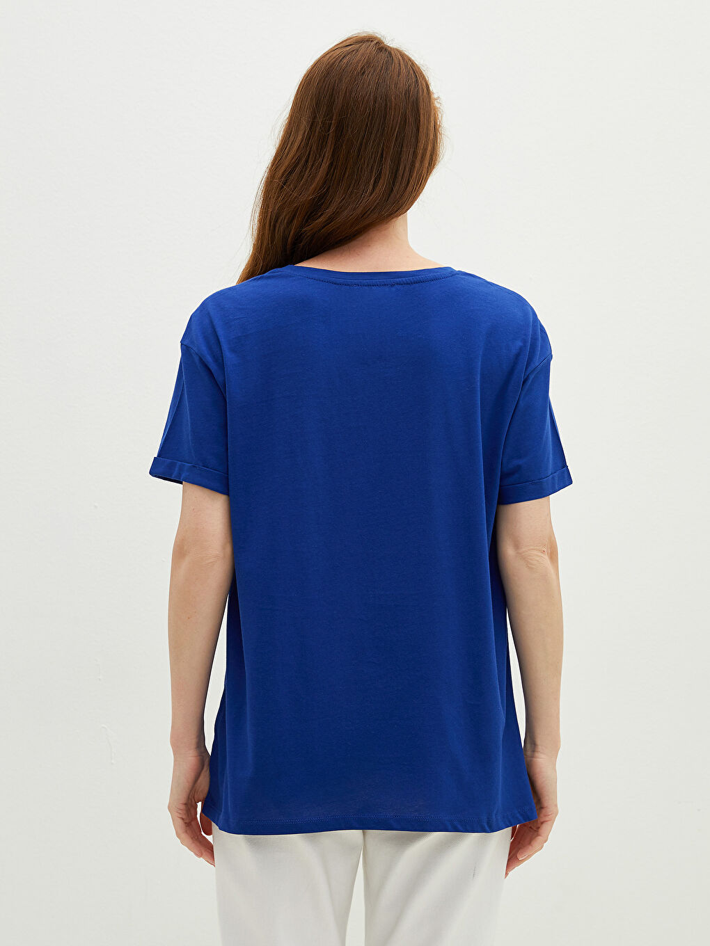 Lacivert Bisiklet Yaka Düz Cep Detaylı Pamuklu Kadın Tişört-4