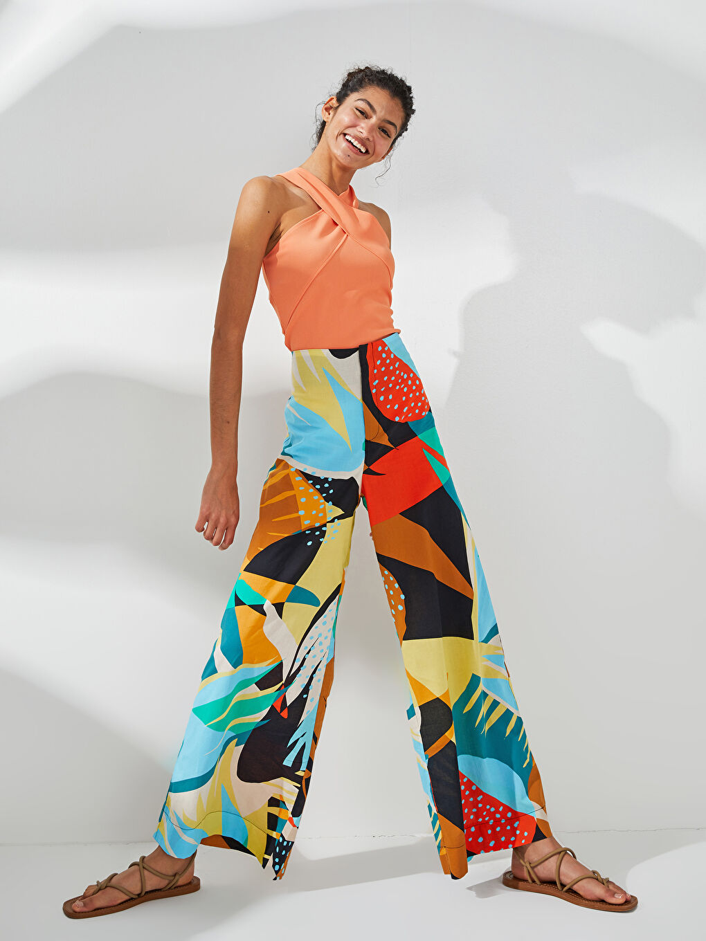 High Waist Patterned Wide Leg Cotton Women's Trousers-2