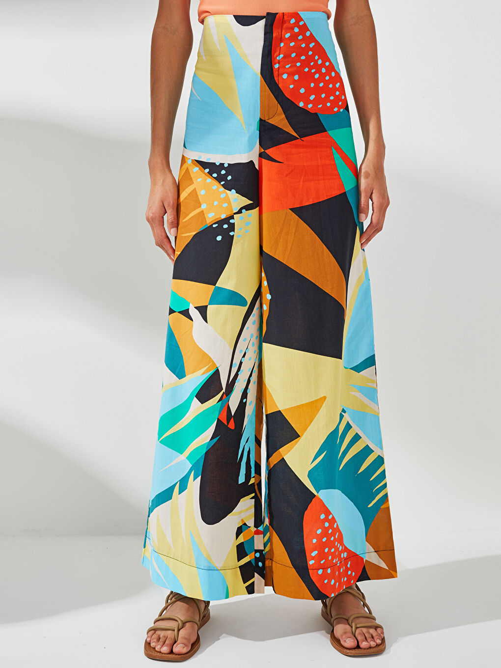 High Waist Patterned Wide Leg Cotton Women's Trousers-3