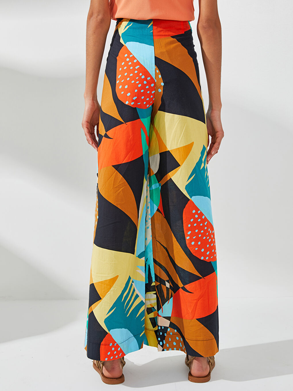 High Waist Patterned Wide Leg Cotton Women's Trousers-4