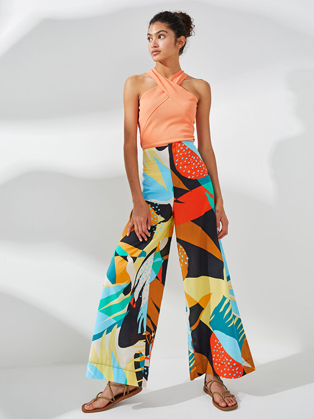 High Waist Patterned Wide Leg Cotton Women's Trousers-1