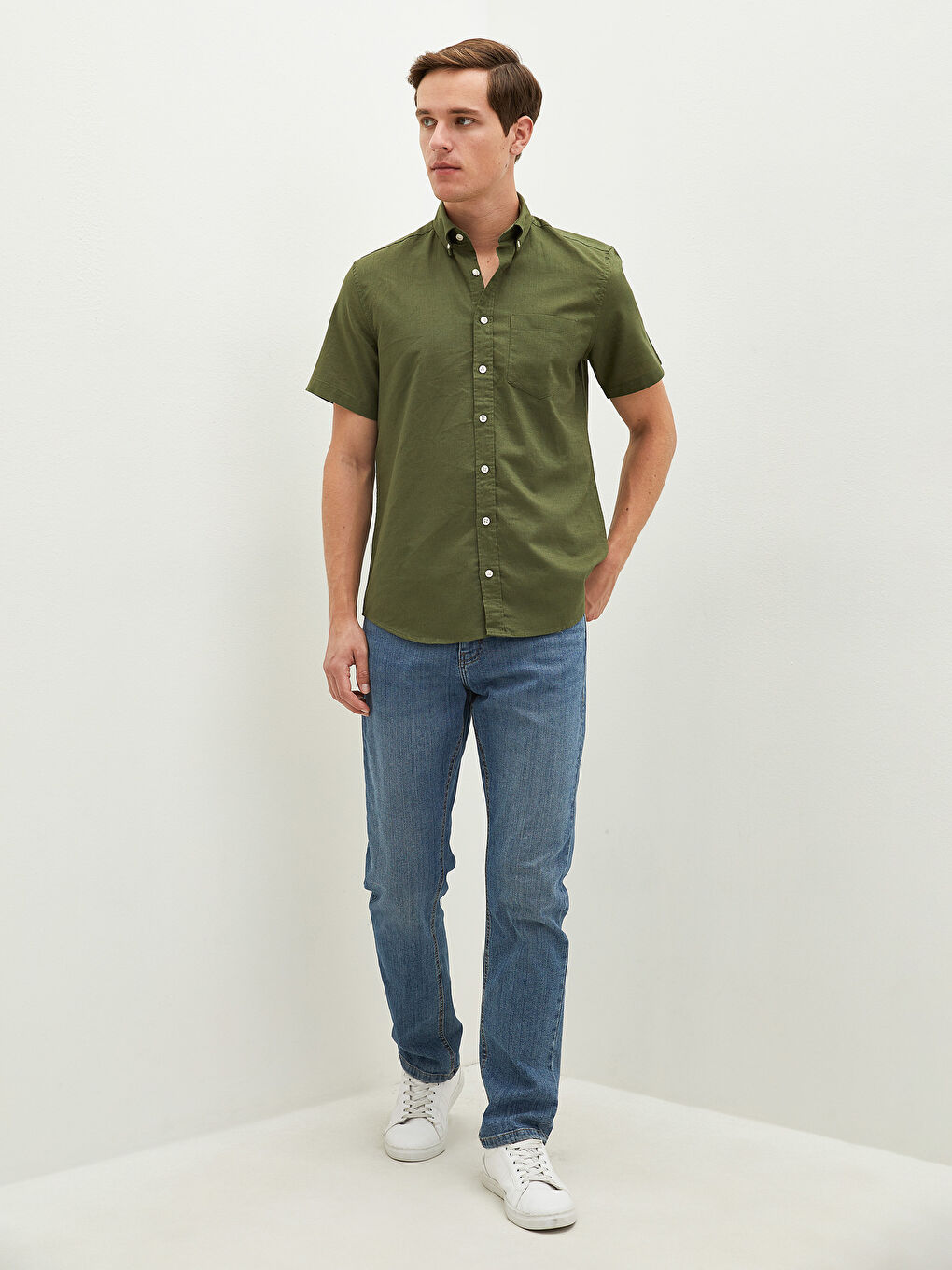 Yeşil Regular Fit Kısa Kollu Erkek Gömlek-3