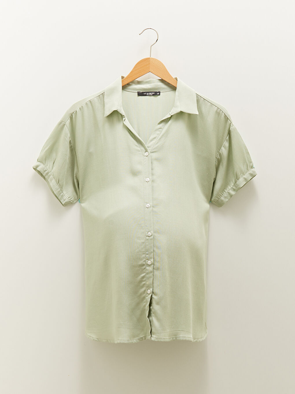 Front Button Closure Plain Short Sleeve Linen Blend Maternity Shirt-5