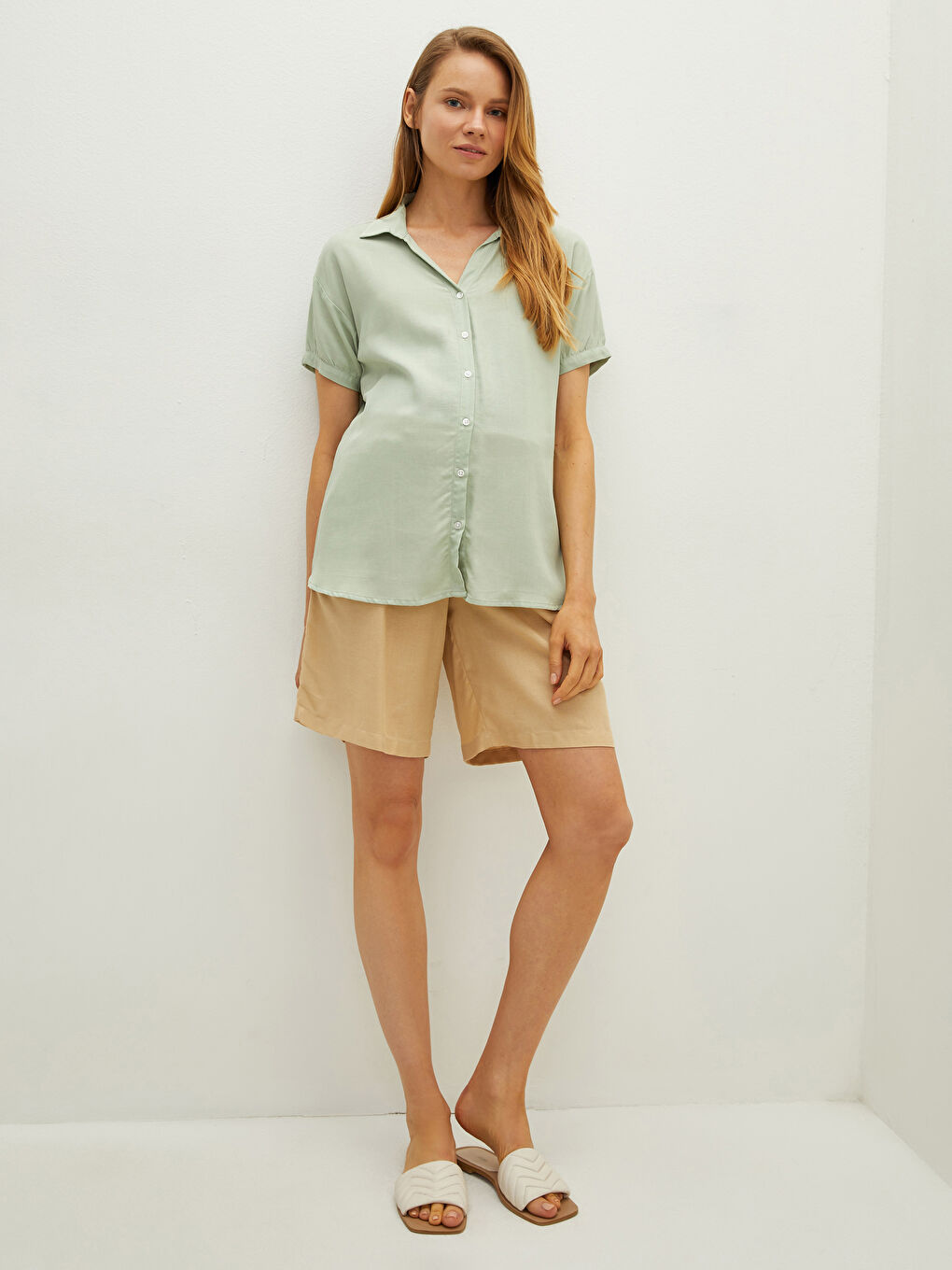 Front Button Closure Plain Short Sleeve Linen Blend Maternity Shirt-2