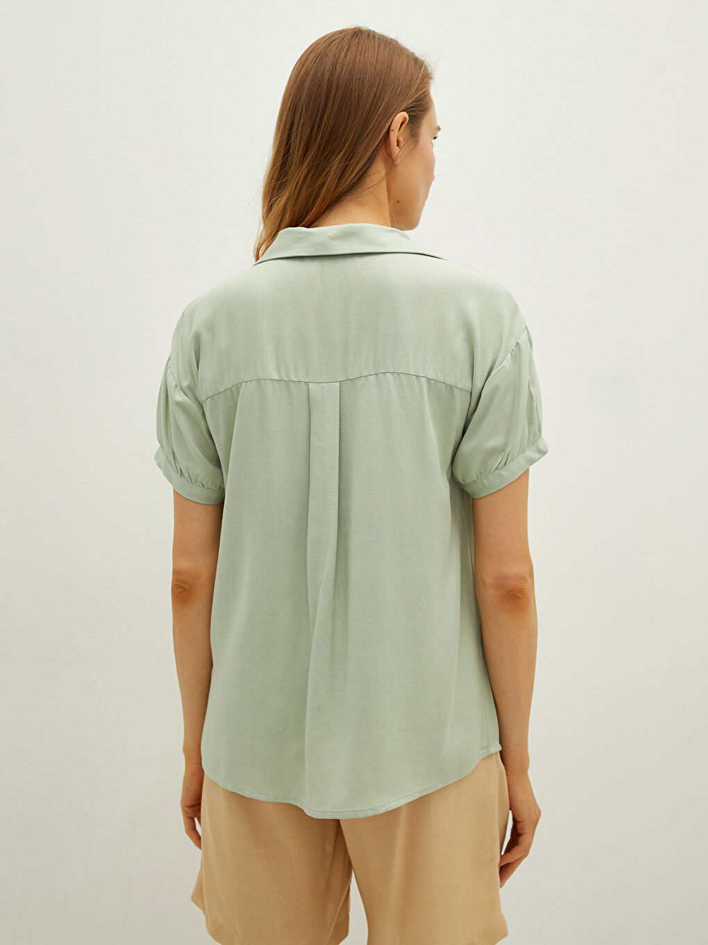 Front Button Closure Plain Short Sleeve Linen Blend Maternity Shirt-4