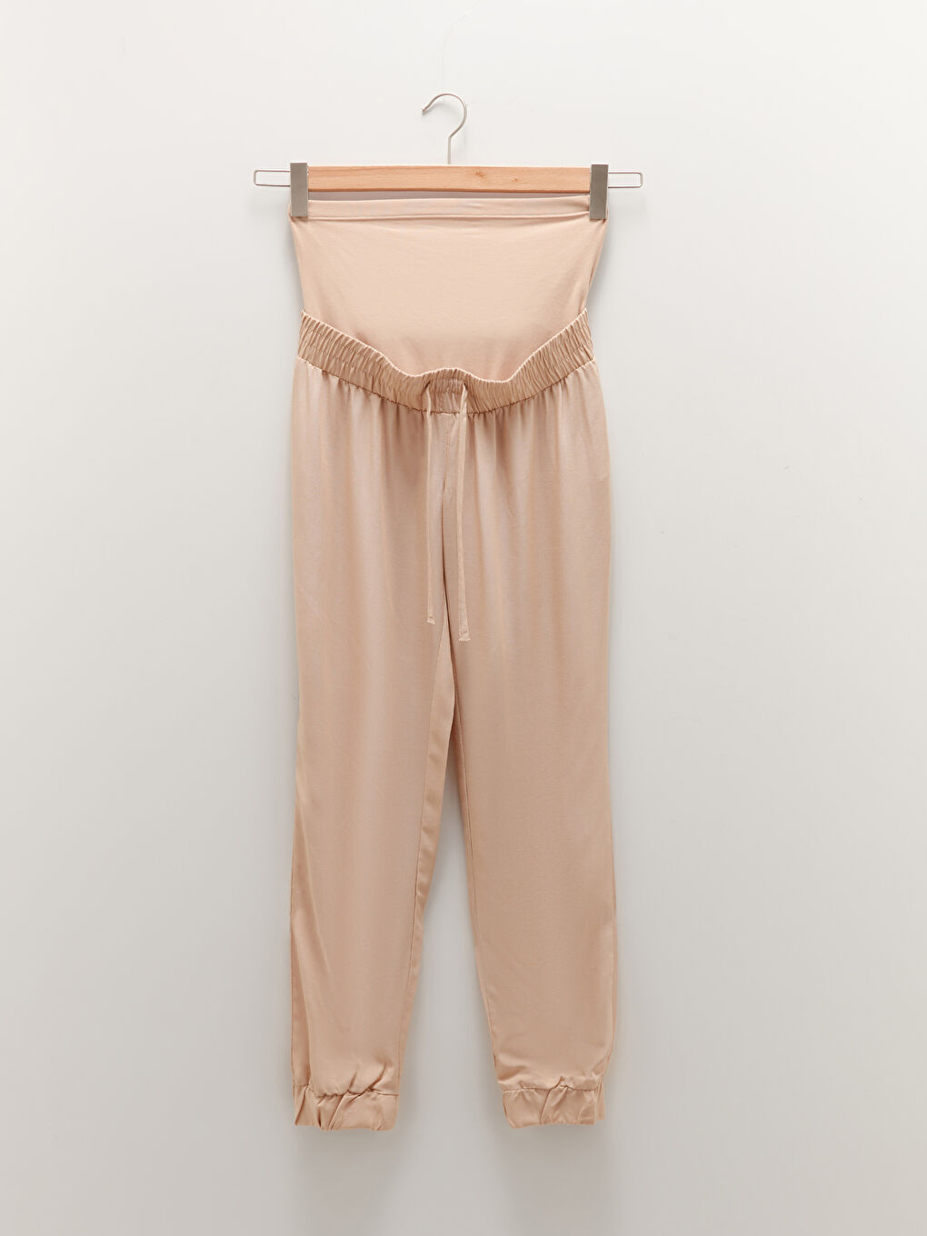 Bej Karın Panelli Beli Lastikli Düz Keten Karışımlı Hamile Pantolon-7