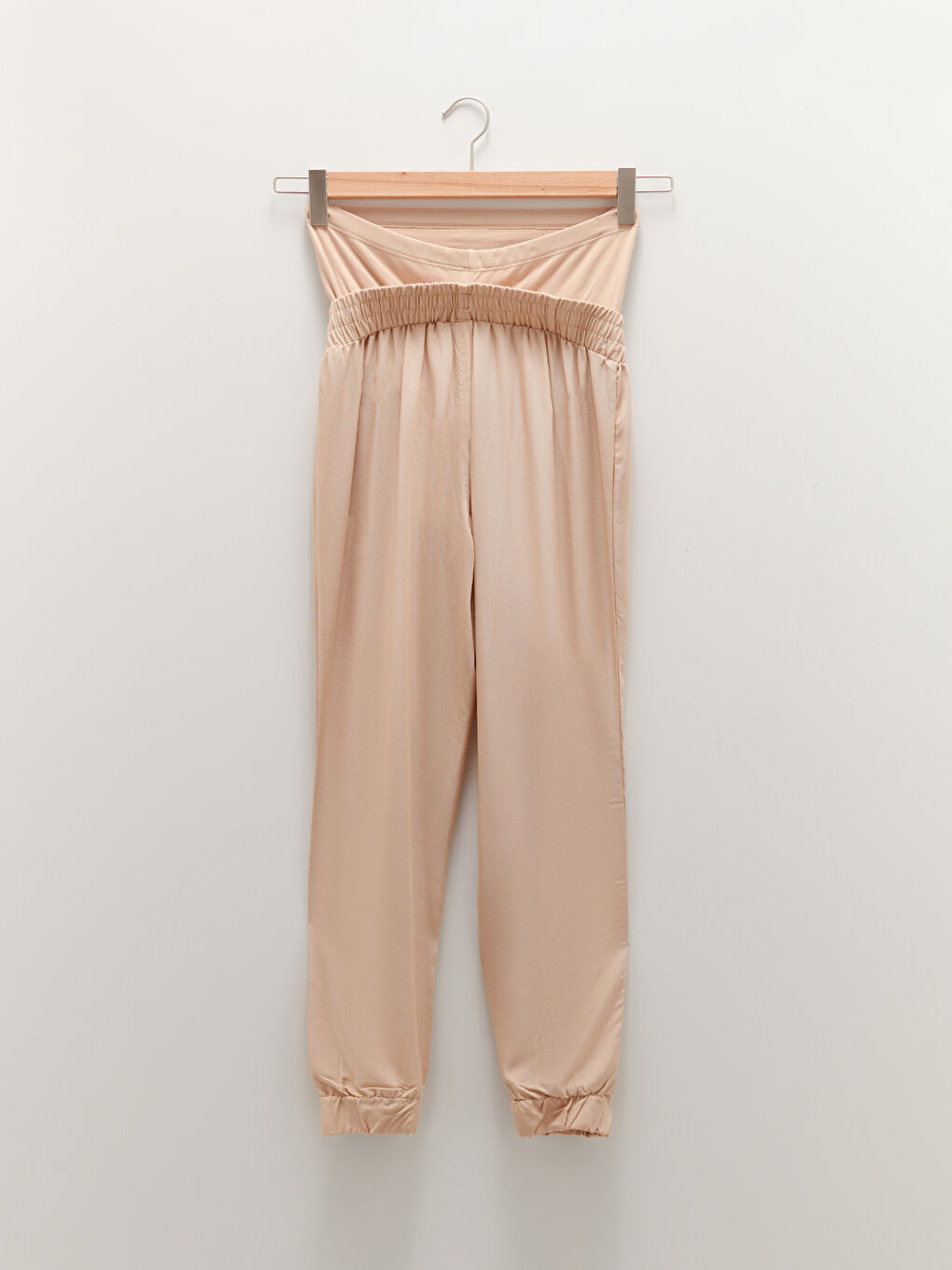 Bej Karın Panelli Beli Lastikli Düz Keten Karışımlı Hamile Pantolon-8