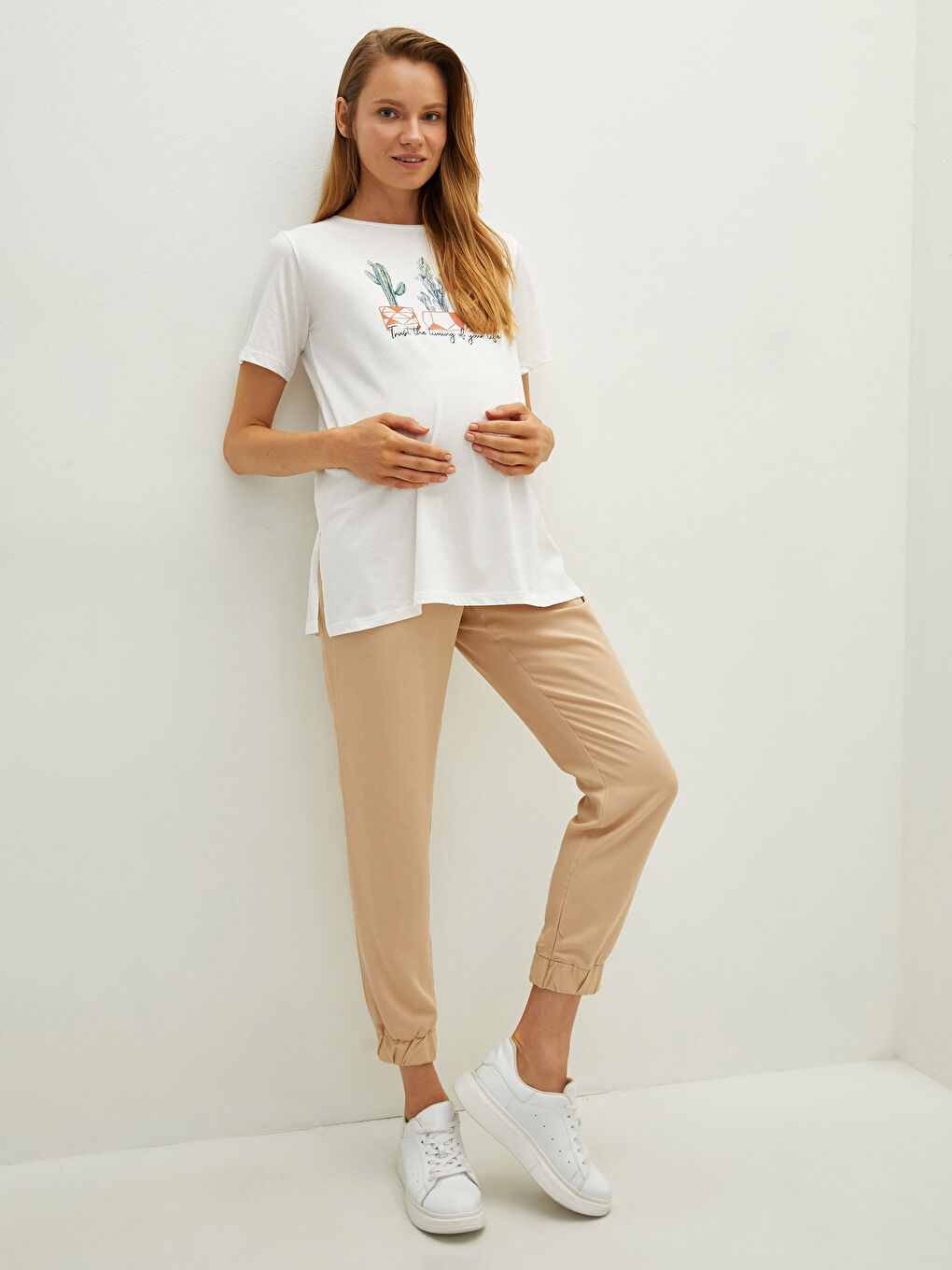 Bej Karın Panelli Beli Lastikli Düz Keten Karışımlı Hamile Pantolon-2