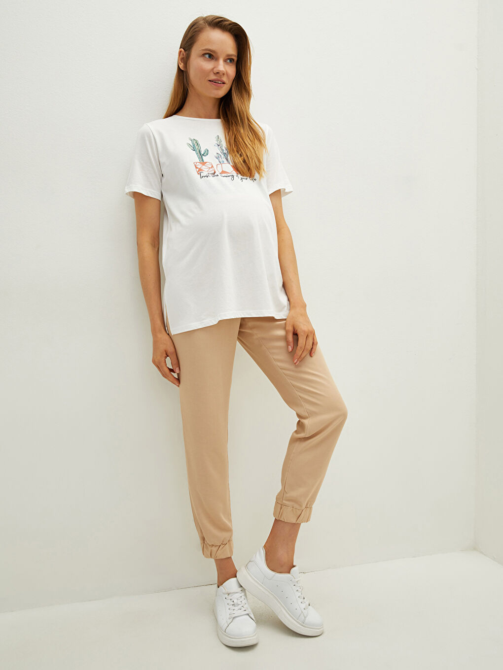 Bej Karın Panelli Beli Lastikli Düz Keten Karışımlı Hamile Pantolon-3