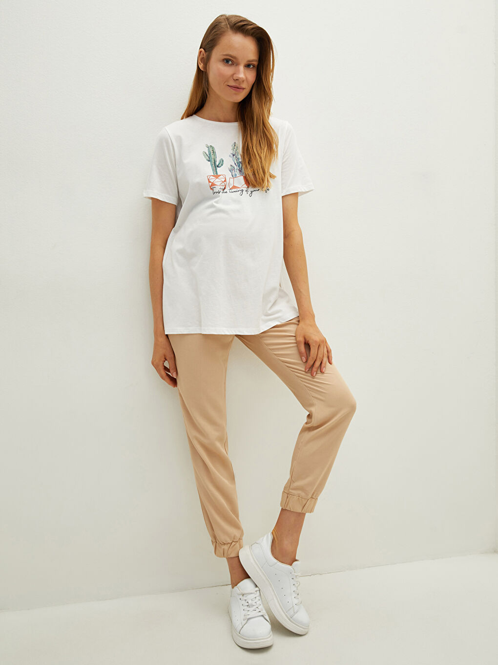 Bej Karın Panelli Beli Lastikli Düz Keten Karışımlı Hamile Pantolon-4